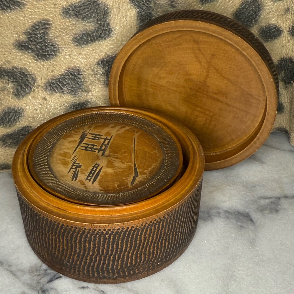 Antique Japanese Hand-Carved Wooden Engraved Coaster Set with Holder & Lid